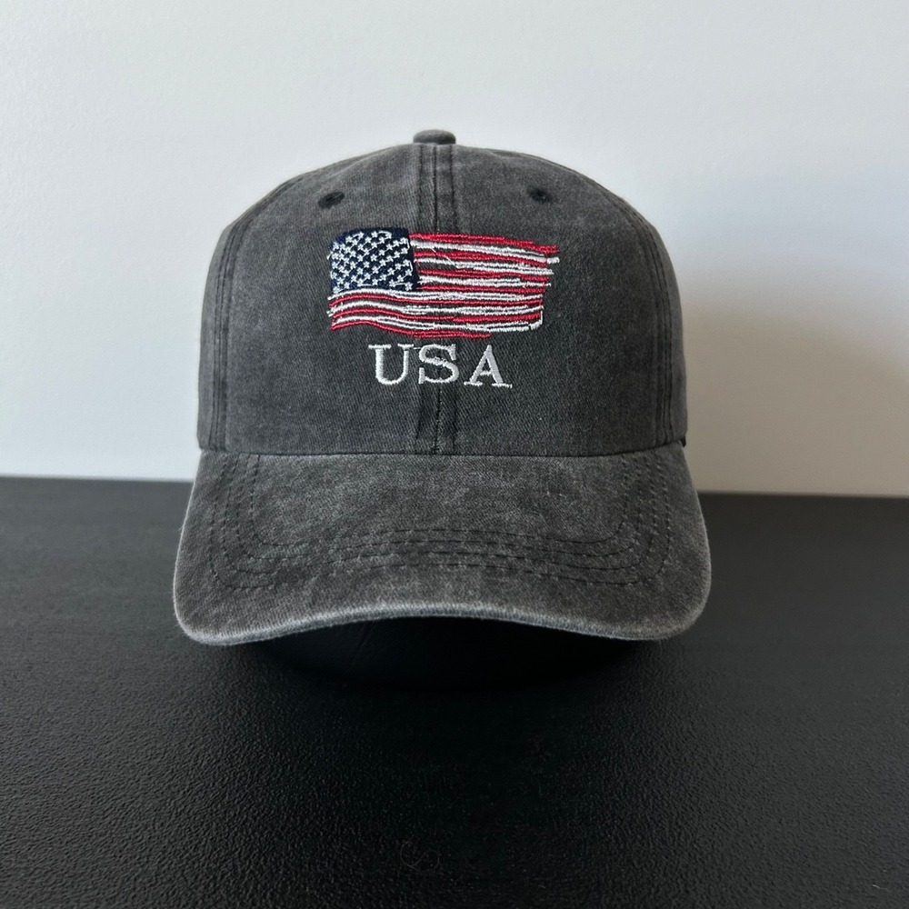 Vintage USA Flag Hat Cap Strap Back Adjustable Faded Black Embroidered Adult